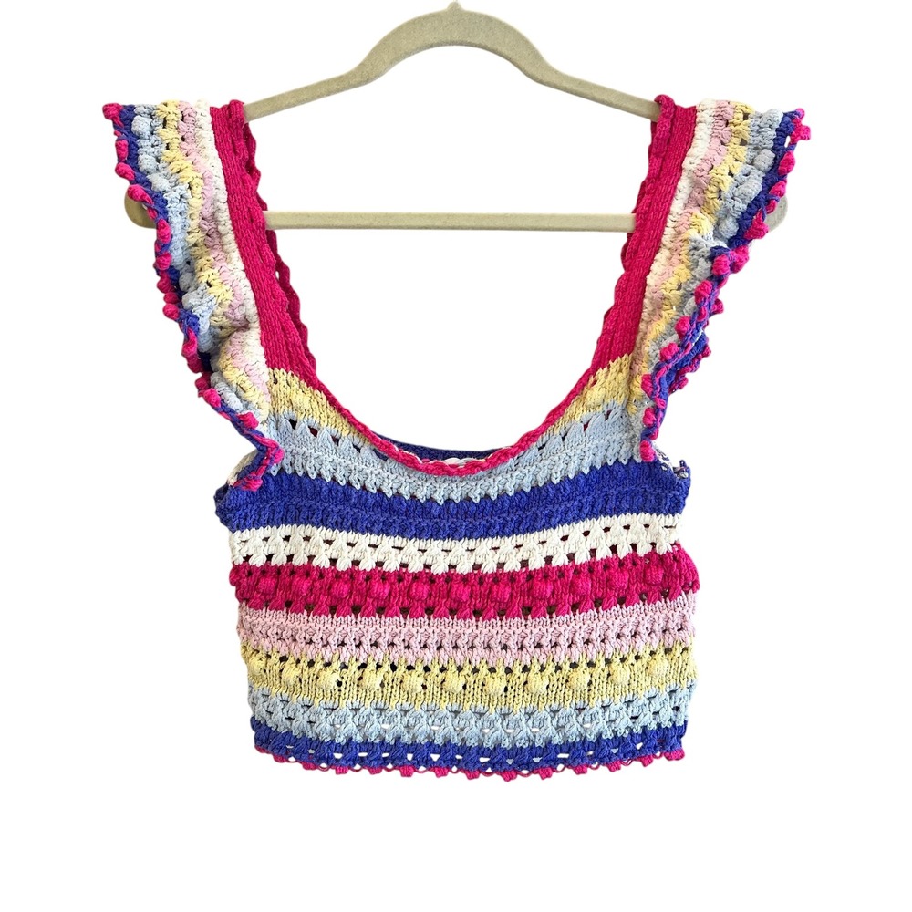 Zara Womens Multicolor Striped Crochet Knit Crop Top Ruffle Strap Pom Pom Medium